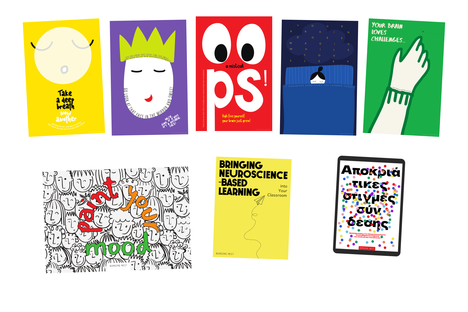 Complete Growing Minds pack: five English posters, colouring pad, educator guide, Greek-language book and digital PDF.