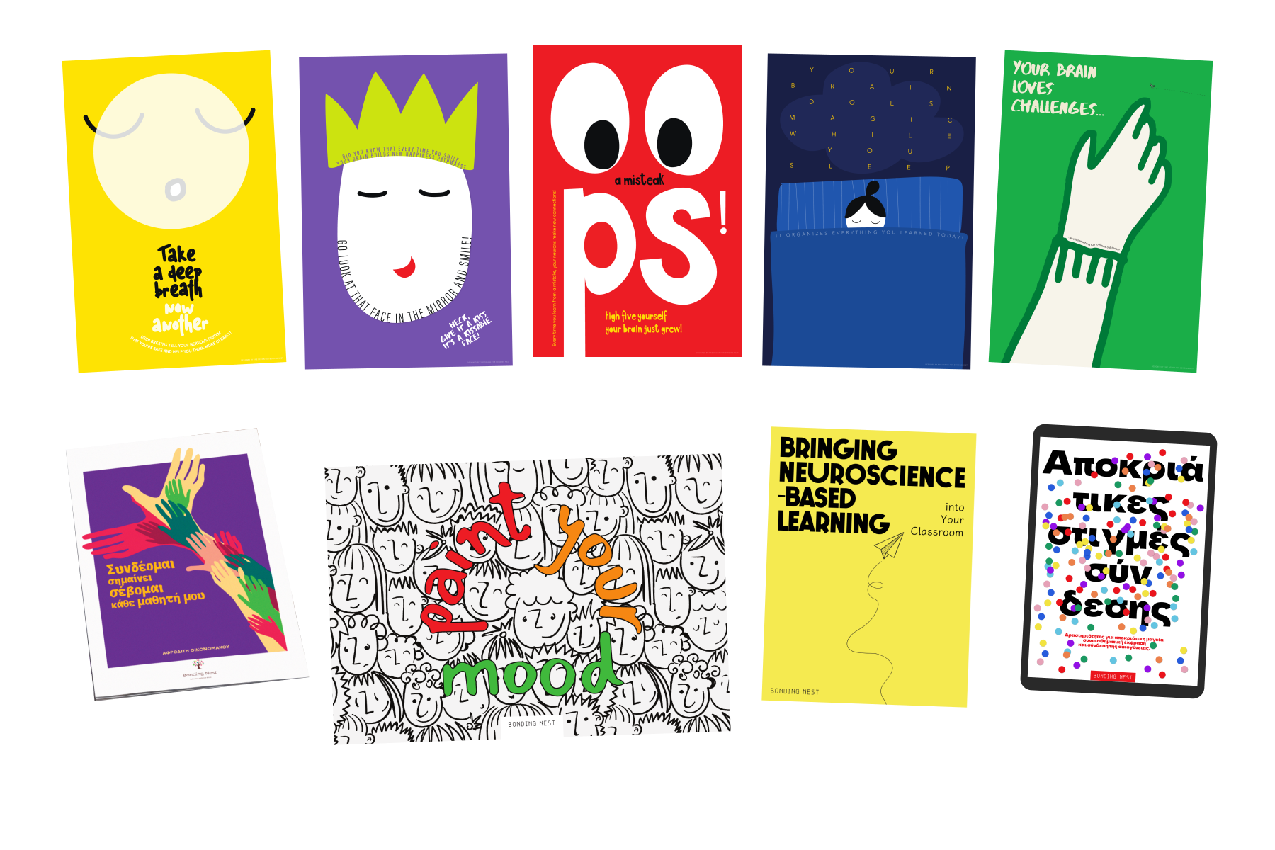 Complete Growing Minds pack: five English posters, colouring pad, educator guide, Greek-language book and digital PDF.